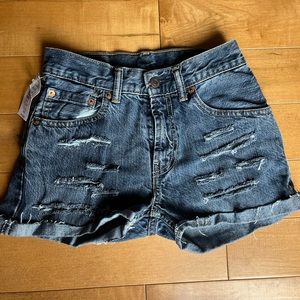 Levi’s Denim Cut-Off Short, Distressed, Dark Wash, XS.
